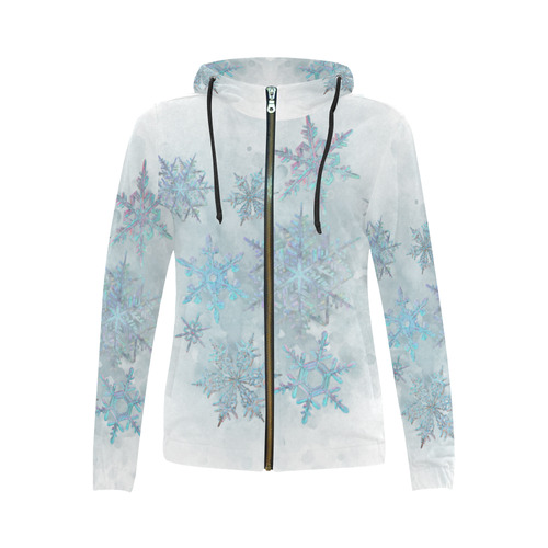 Snowflakes, snow, white and blue, Christmas All Over Print Full Zip Hoodie for Women (Model H14)