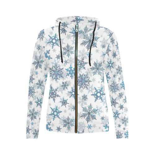 Snowflakes, Blue snow, Christmas All Over Print Full Zip Hoodie for Women (Model H14)
