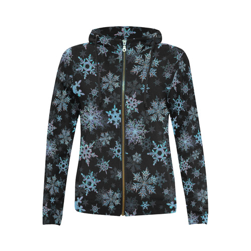 Snowflakes, Blue snow, Christmas All Over Print Full Zip Hoodie for Women (Model H14)