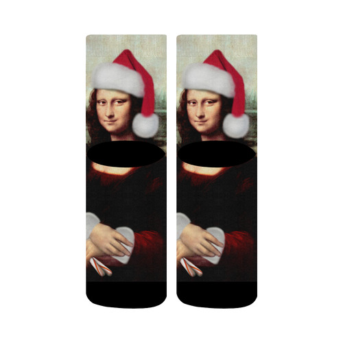 Christmas Mona Lisa with Santa Hat Crew Socks