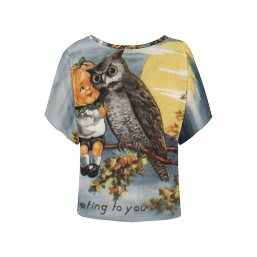 Pumpkin Owl Vintage Halloween Hoot Women's Batwing-Sleeved Blouse T shirt (Model T44)