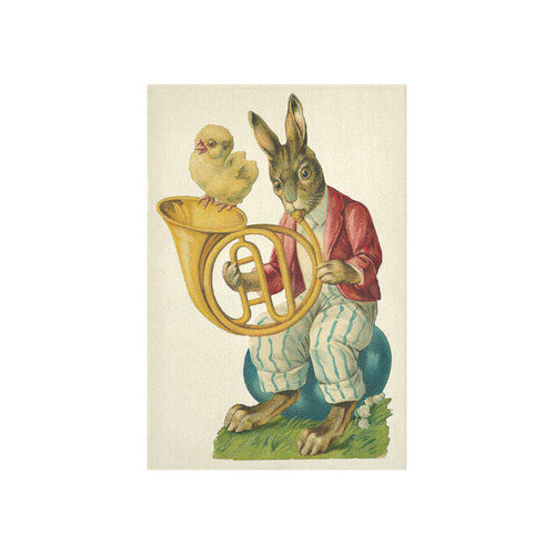 Vintage Easter Bunny Chick French Horn Cotton Linen Wall Tapestry 40"x 60"