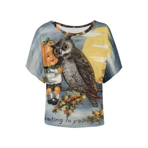 Pumpkin Owl Vintage Halloween Hoot Women's Batwing-Sleeved Blouse T shirt (Model T44)
