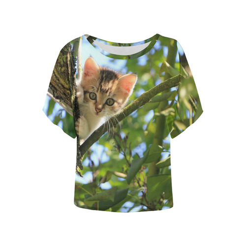 Cute Kitten In Tree Cat Nature Women's Batwing-Sleeved Blouse T shirt (Model T44)