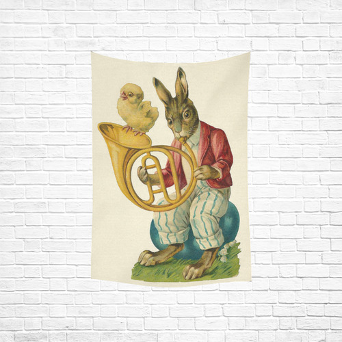 Vintage Easter Bunny Chick French Horn Cotton Linen Wall Tapestry 40"x 60"