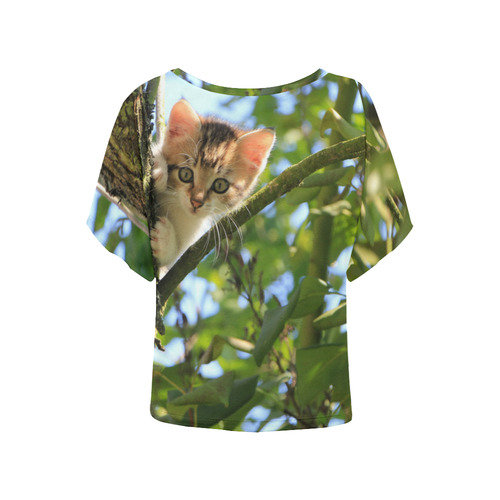 Cute Kitten In Tree Cat Nature Women's Batwing-Sleeved Blouse T shirt (Model T44)