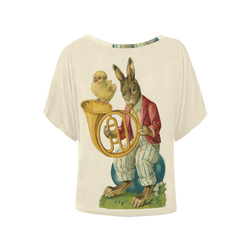 Vintage Easter Bunny Chick French Horn Women's Batwing-Sleeved Blouse T shirt (Model T44)