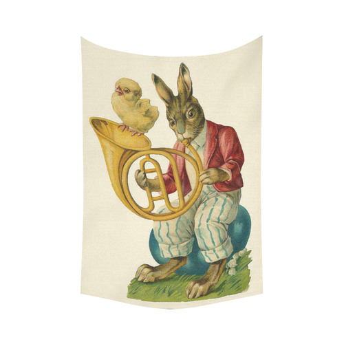 Vintage Easter Bunny Chick French Horn Cotton Linen Wall Tapestry 60"x 90"