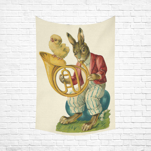 Vintage Easter Bunny Chick French Horn Cotton Linen Wall Tapestry 60"x 90"