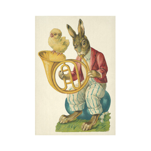 Vintage Easter Bunny Chick French Horn Cotton Linen Wall Tapestry 60"x 90"