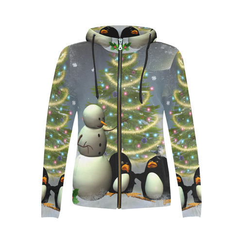 Snowman with penguin and christmas tree All Over Print Full Zip Hoodie for Women (Model H14)