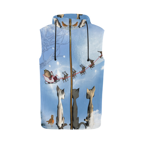 Christmas, cute cats and Santa Claus All Over Print Sleeveless Zip Up Hoodie for Men (Model H16)