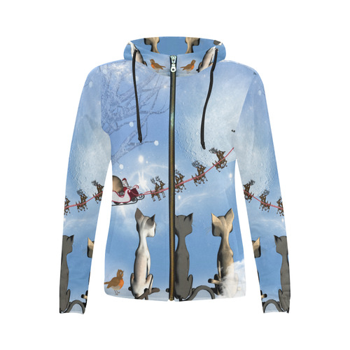 Christmas, cute cats and Santa Claus All Over Print Full Zip Hoodie for Women (Model H14)