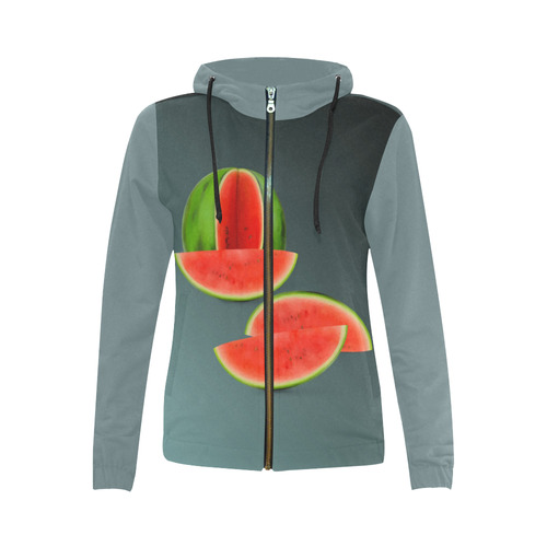 Watercolor Watermelon, red green and sweet All Over Print Full Zip Hoodie for Women (Model H14)