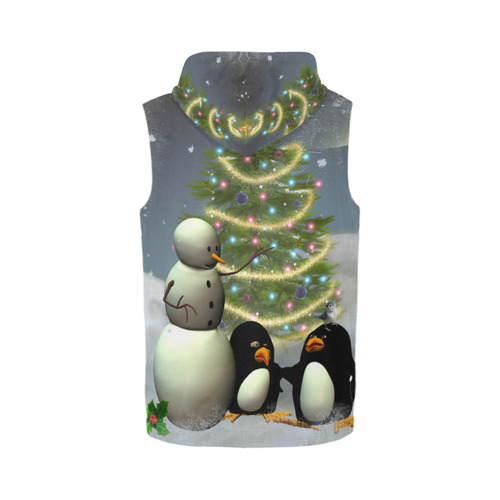 Snowman with penguin and christmas tree All Over Print Sleeveless Zip Up Hoodie for Men (Model H16)