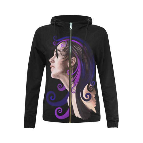 Daydreaming pretty young woman oil, purple All Over Print Full Zip Hoodie for Women (Model H14)