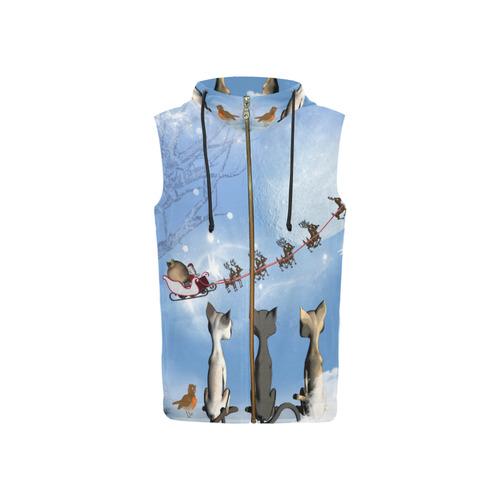 Christmas, cute cats and Santa Claus All Over Print Sleeveless Zip Up Hoodie for Women (Model H16)