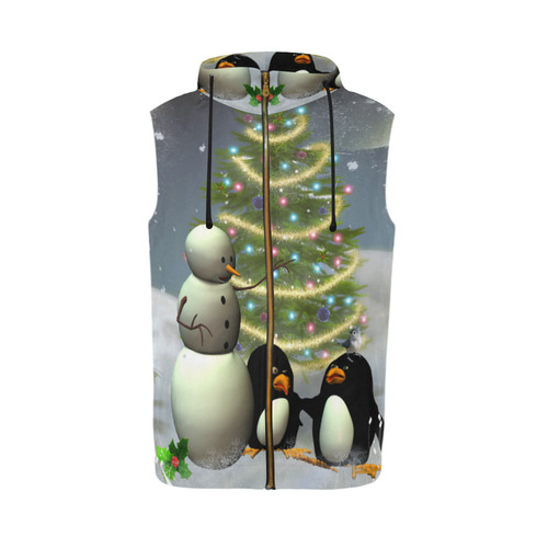 Snowman with penguin and christmas tree All Over Print Sleeveless Zip Up Hoodie for Men (Model H16)