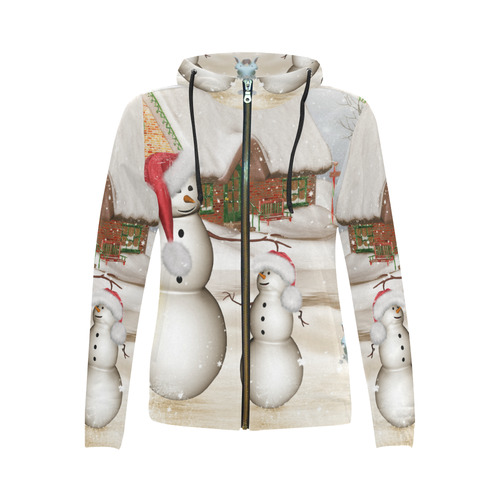 Christmas, Funny snowman with hat All Over Print Full Zip Hoodie for Women (Model H14)