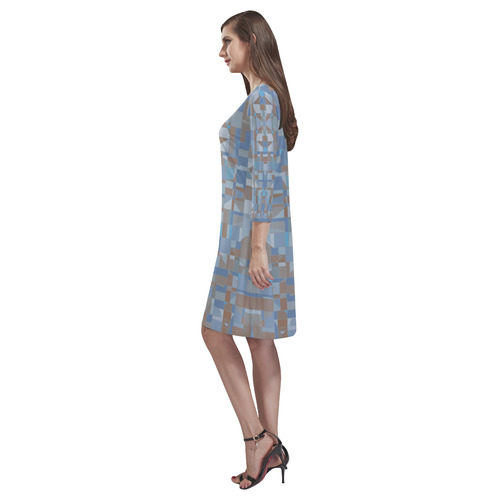 Artistic Geometric in Blue Gray and Brown Rhea Loose Round Neck Dress(Model D22)