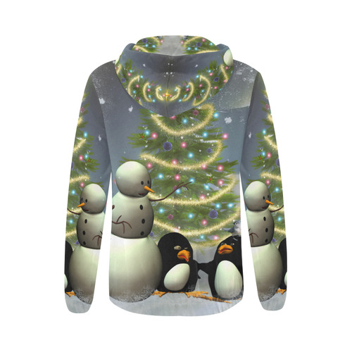 Snowman with penguin and christmas tree All Over Print Full Zip Hoodie for Women (Model H14)
