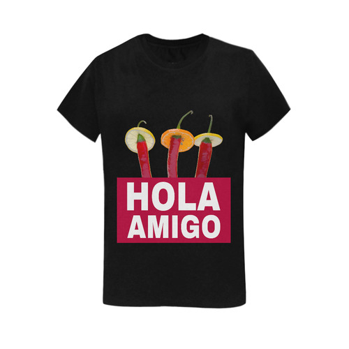 Hola Amigo Three Red Chili Peppers Friend Funny Women's T-Shirt in USA Size (Two Sides Printing)