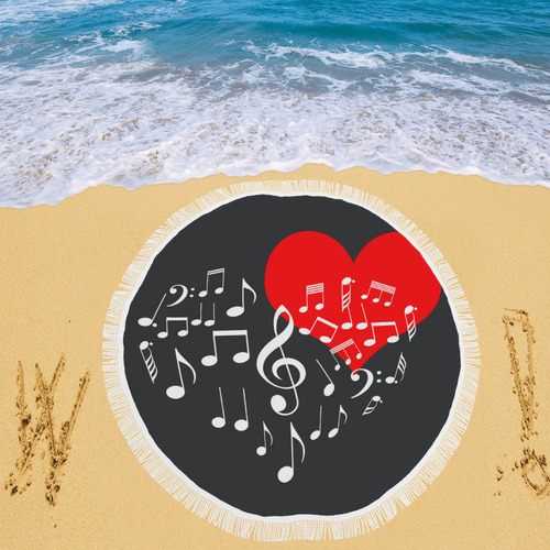 Singing Heart Red Note Music Love Romantic White Circular Beach Shawl 59"x 59"