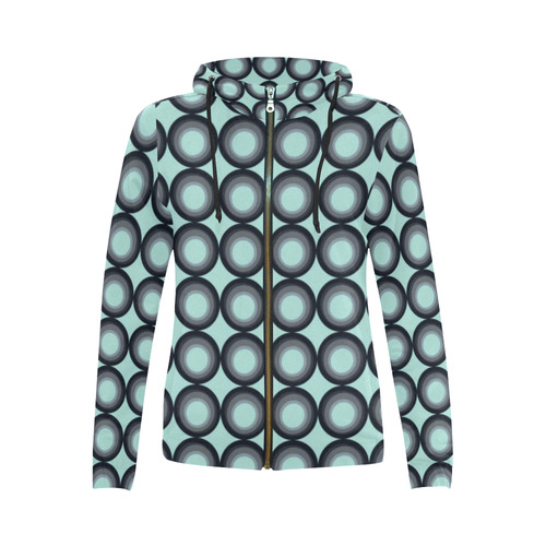 Psychedelic circles,blue vintage pattern style All Over Print Full Zip Hoodie for Women (Model H14)