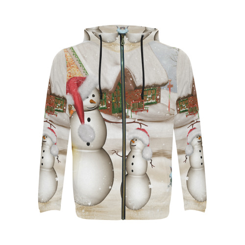 Christmas, Funny snowman with hat All Over Print Full Zip Hoodie for Men (Model H14)
