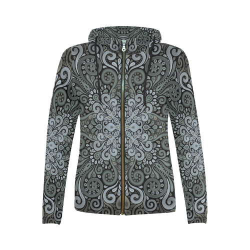 Vintage Watercolor Ornate in dark green All Over Print Full Zip Hoodie for Women (Model H14)