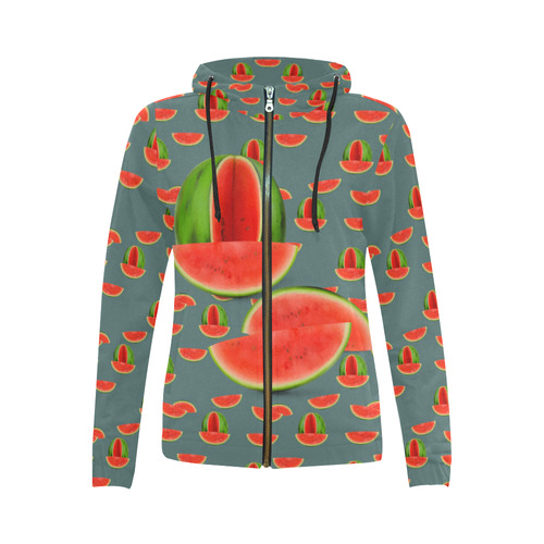 Watercolor Watermelon red, green and sweet pattern All Over Print Full Zip Hoodie for Women (Model H14)