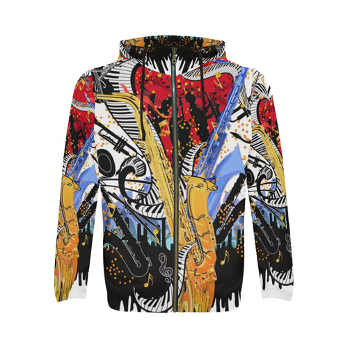 Hip Hop Hoodie Saxophone Music Print All Over Print Full Zip Hoodie for Men (Model H14)