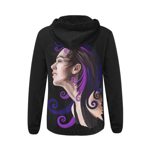 Daydreaming pretty young woman oil, purple All Over Print Full Zip Hoodie for Women (Model H14)
