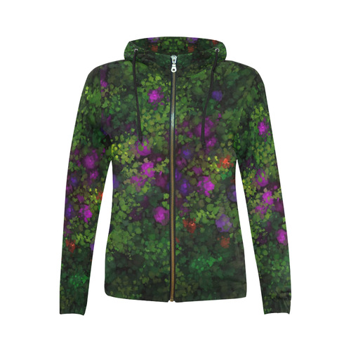 Wild Rose Garden, Oil painting. Red, purple, green All Over Print Full Zip Hoodie for Women (Model H14)