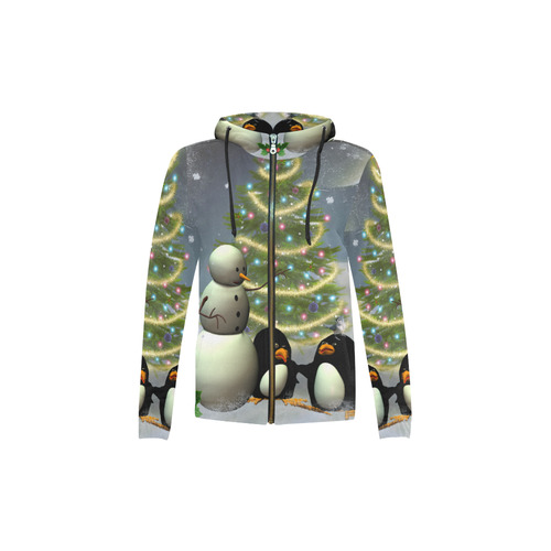 Snowman with penguin and christmas tree All Over Print Full Zip Hoodie for Kid (Model H14)