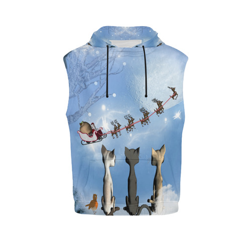 Christmas, cute cats and Santa Claus All Over Print Sleeveless Hoodie for Women (Model H15)