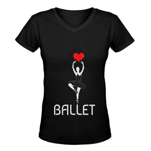 Ballerina Ballet Red Heart Beautiful Art White Fun Women's Deep V-neck T-shirt (Model T19)