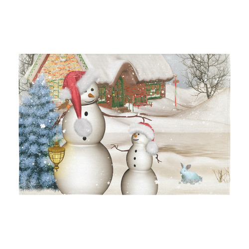 Christmas, Funny snowman with hat Cotton Linen Tablecloth 60" x 90"