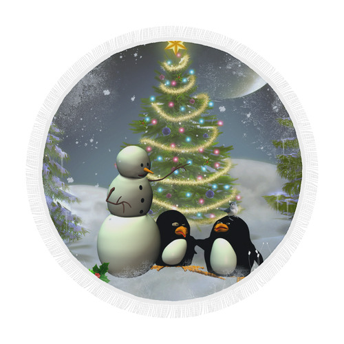 Snowman with penguin and christmas tree Circular Beach Shawl 59"x 59"
