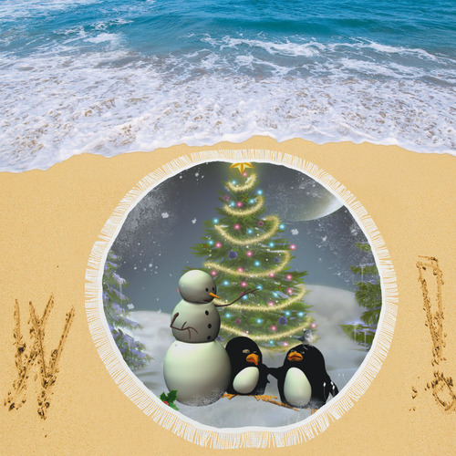 Snowman with penguin and christmas tree Circular Beach Shawl 59"x 59"