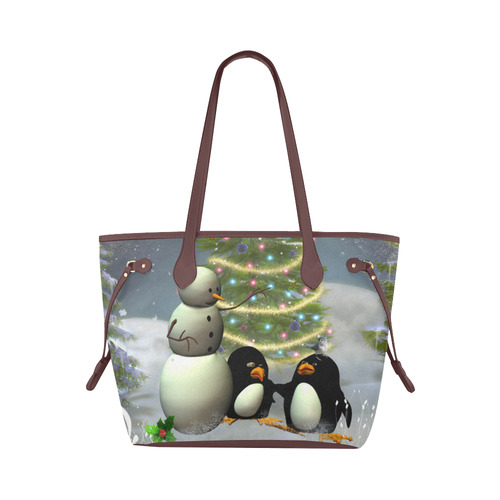 Snowman with penguin and christmas tree Clover Canvas Tote Bag (Model 1661)