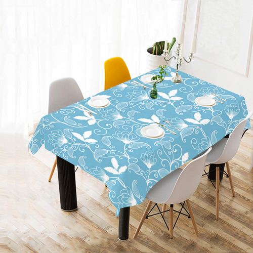 Elegant Flowers Vintage Blue Floral Pattern Cotton Linen Tablecloth 60" x 90"