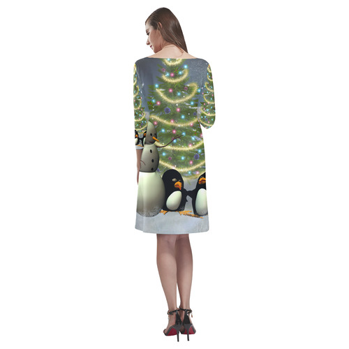 Snowman with penguin and christmas tree Rhea Loose Round Neck Dress(Model D22)