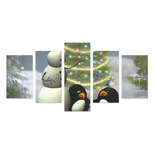 Snowman with penguin and christmas tree Canvas Print Sets C (No Frame)