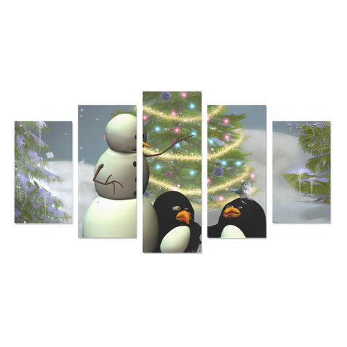 Snowman with penguin and christmas tree Canvas Print Sets A (No Frame)