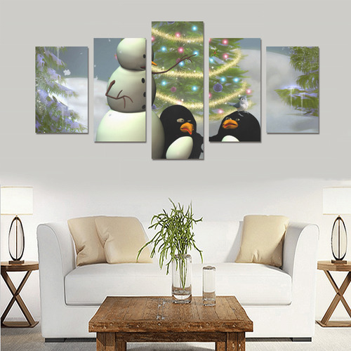 Snowman with penguin and christmas tree Canvas Print Sets C (No Frame)