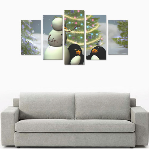Snowman with penguin and christmas tree Canvas Print Sets A (No Frame)
