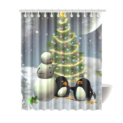 Snowman with penguin and christmas tree Shower Curtain 69"x84"