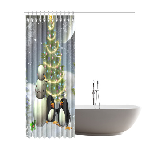 Snowman with penguin and christmas tree Shower Curtain 69"x84"
