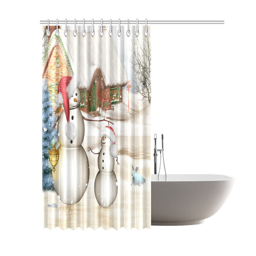 Christmas, Funny snowman with hat Shower Curtain 69"x84"